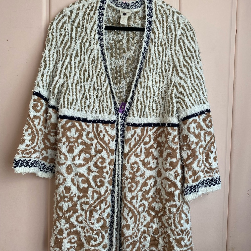 Chico's Cream and Brown Patterned Cardigan Sz large